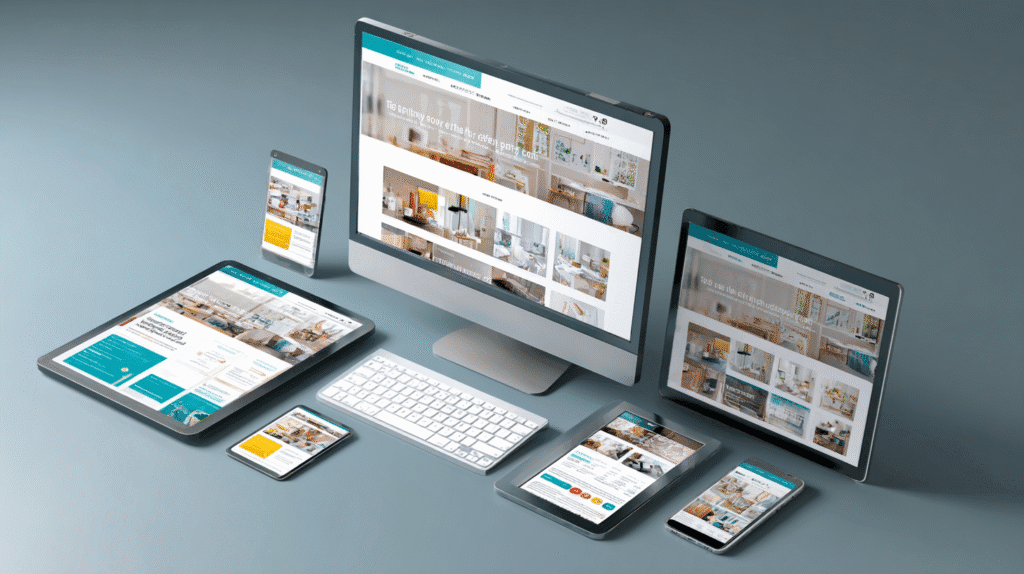Responsive website design displayed across desktop, laptop, tablet and mobile devices showing real estate property listings