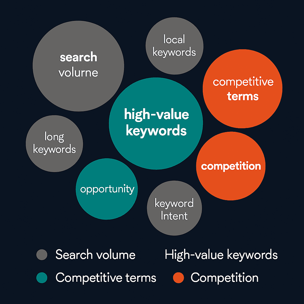 Keyword research bubble chart showing high-value keywords, search volume, and competitive analysis terms