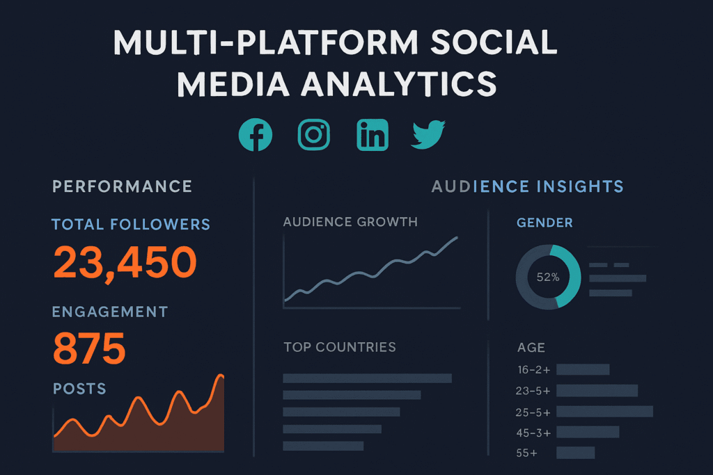 Social media analytics dashboard showing follower counts, engagement metrics, and audience insights across multiple platforms