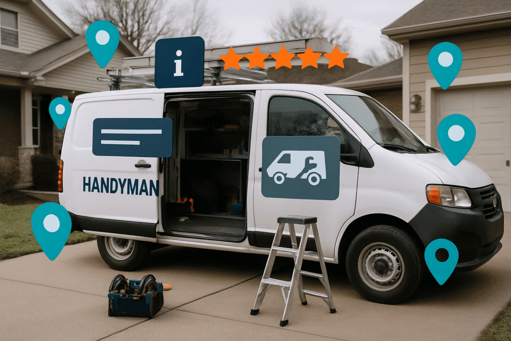 White handyman service van with digital marketing overlays showing location pins and five-star ratings