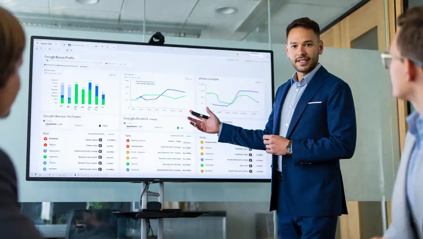 Business professional presenting website analytics dashboard on large screen in office meeting room