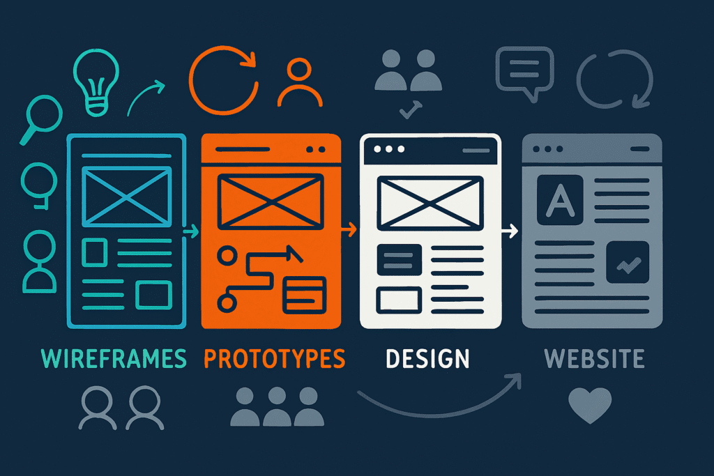 Four-stage web design process diagram showing wireframes, prototypes, design, and website development workflow