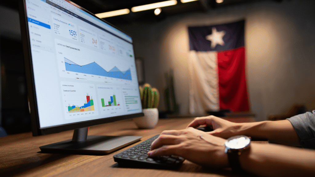 Person analyzing business performance metrics on computer screen with Texas flag background