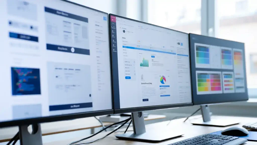 Close-up of computer monitors displaying business performance charts and analytics