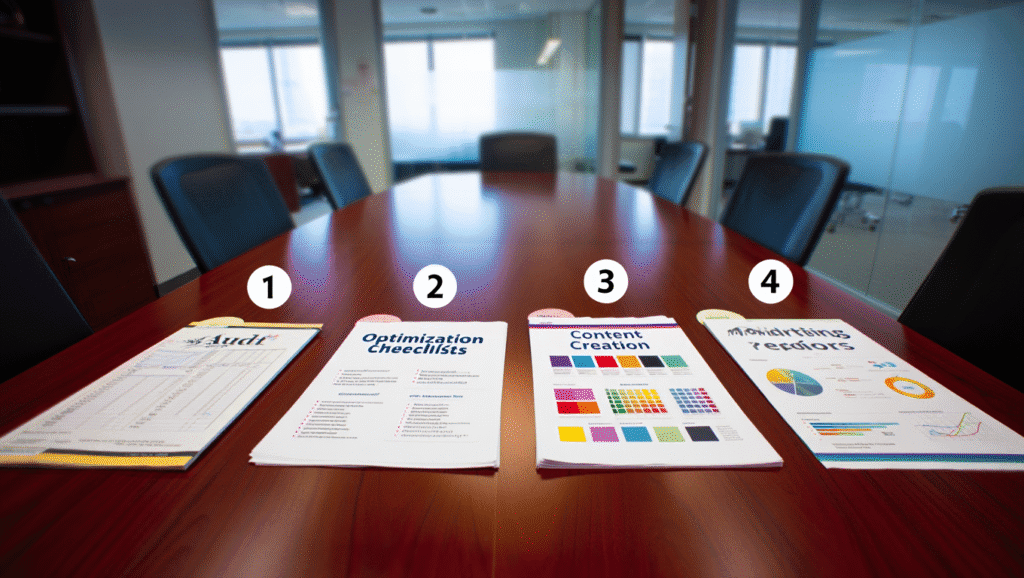 Four business strategy documents laid out on conference table including audit and optimization materials