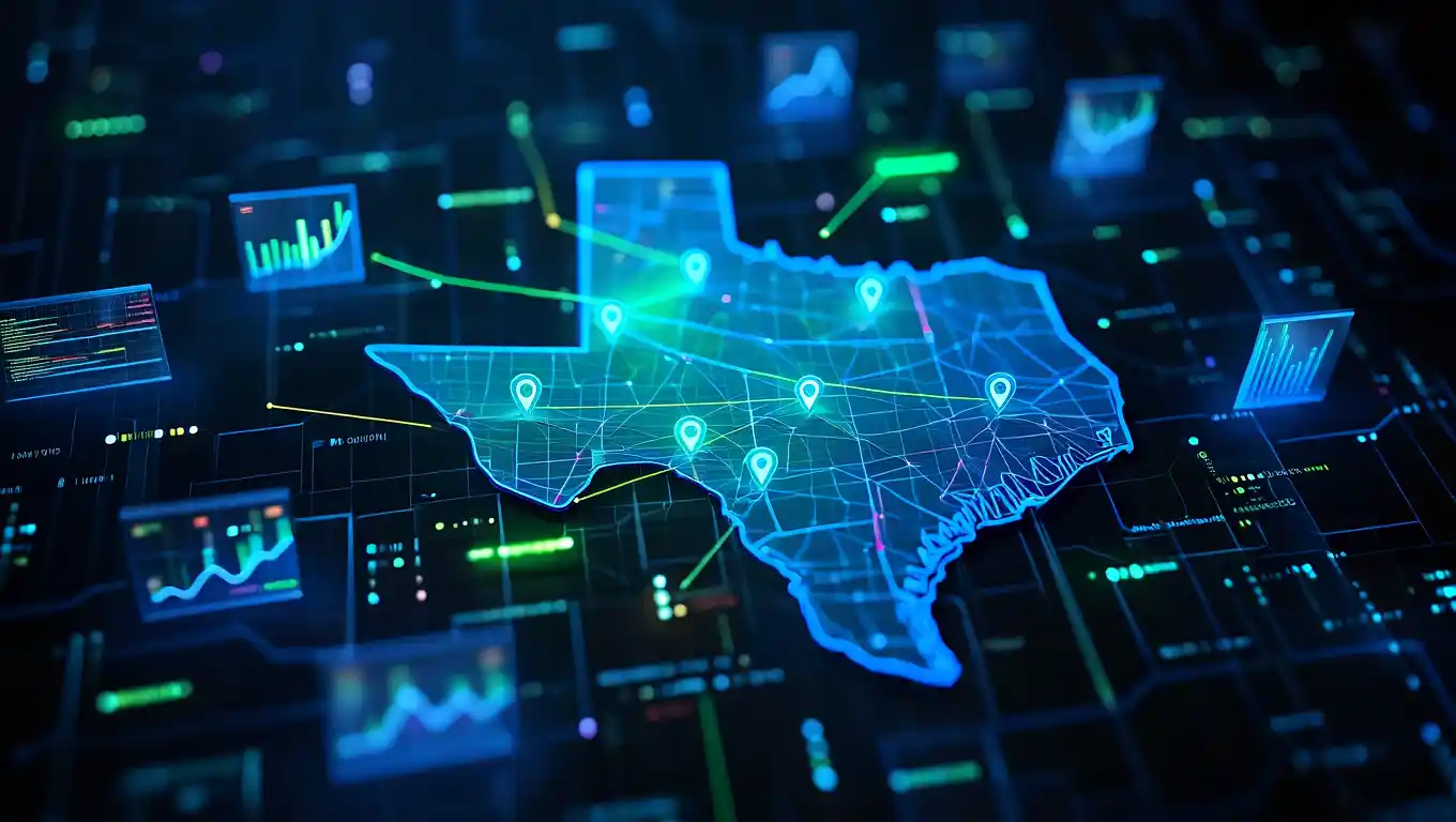 Futuristic digital map of Texas with glowing network lines, data charts, and pinpoints on a blue tech background