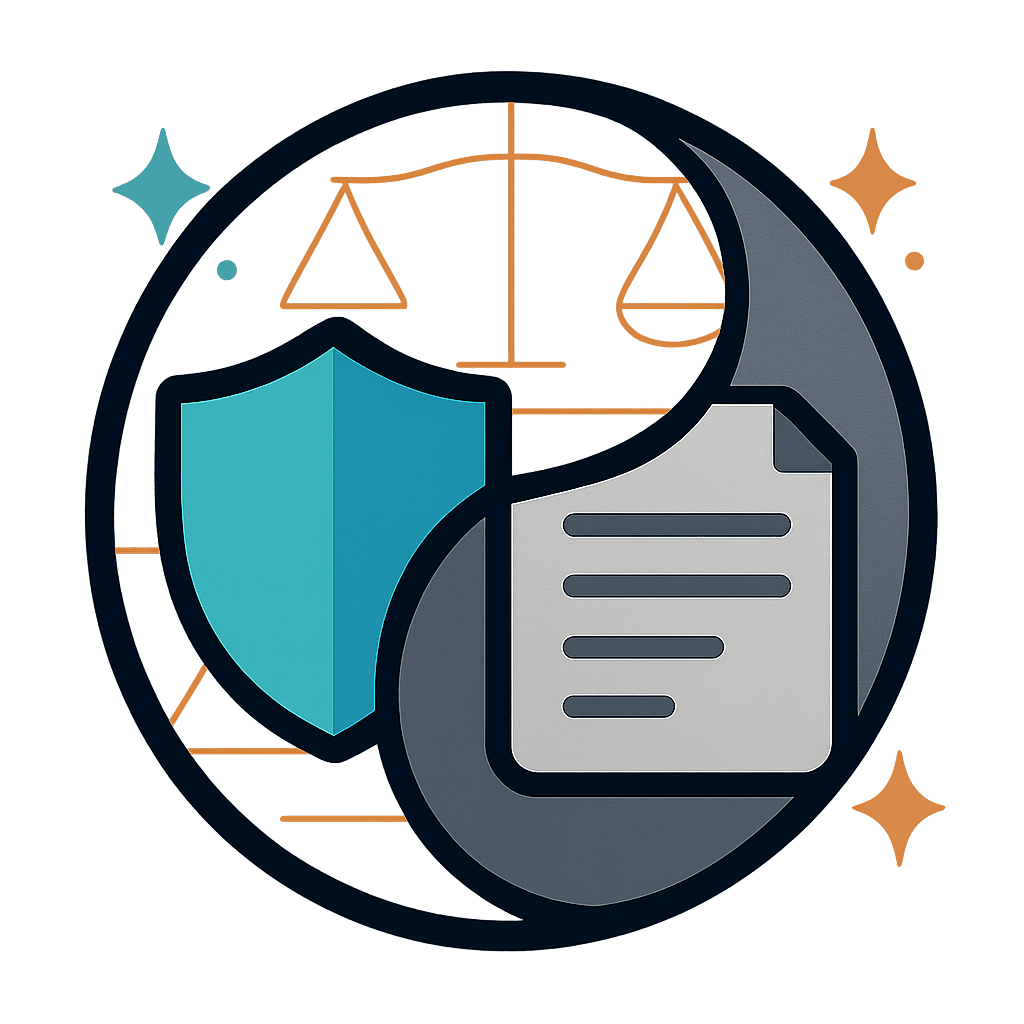 Yin-yang style icon with scales of justice, security shield, and document representing legal compliance and business protection