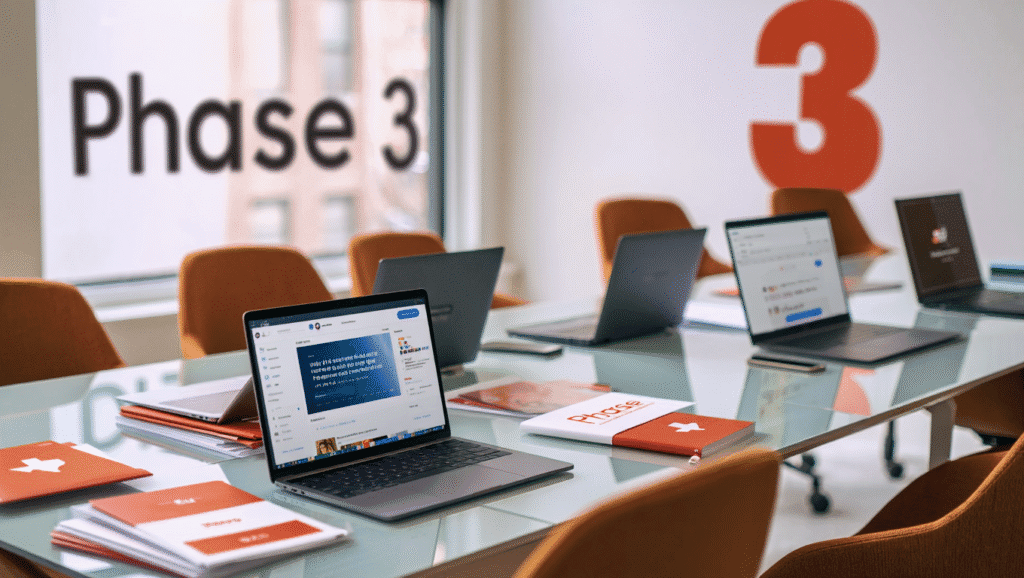 Modern conference room with laptops and orange branded business materials during Phase 3 meeting