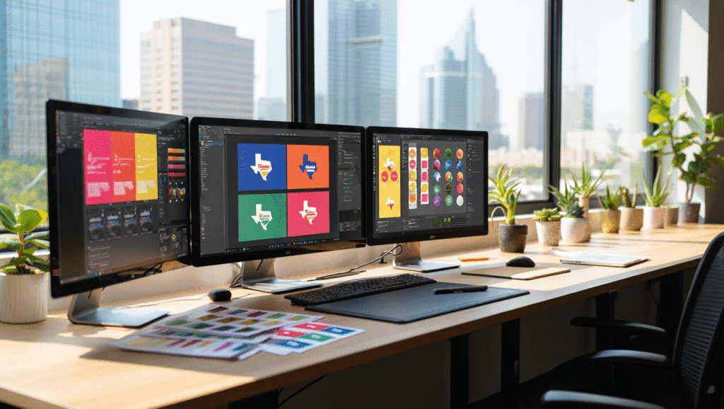Modern design studio with three monitors showing Texas-themed brand design work and succulents