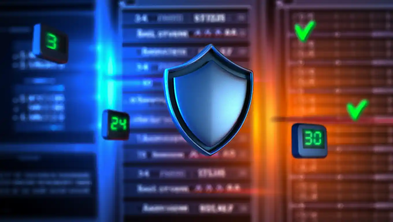 Glowing blue and orange shield icon floating in front of digital data screens in a secure environment
