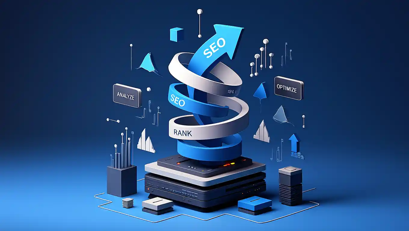3D blue arrow ribbon labeled SEO spiraling upward from a data platform with analysis and optimization icons