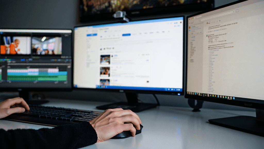 Hands operating computer with three monitors showing video editing, social media platforms, and digital content management for comprehensive online reputation strategies