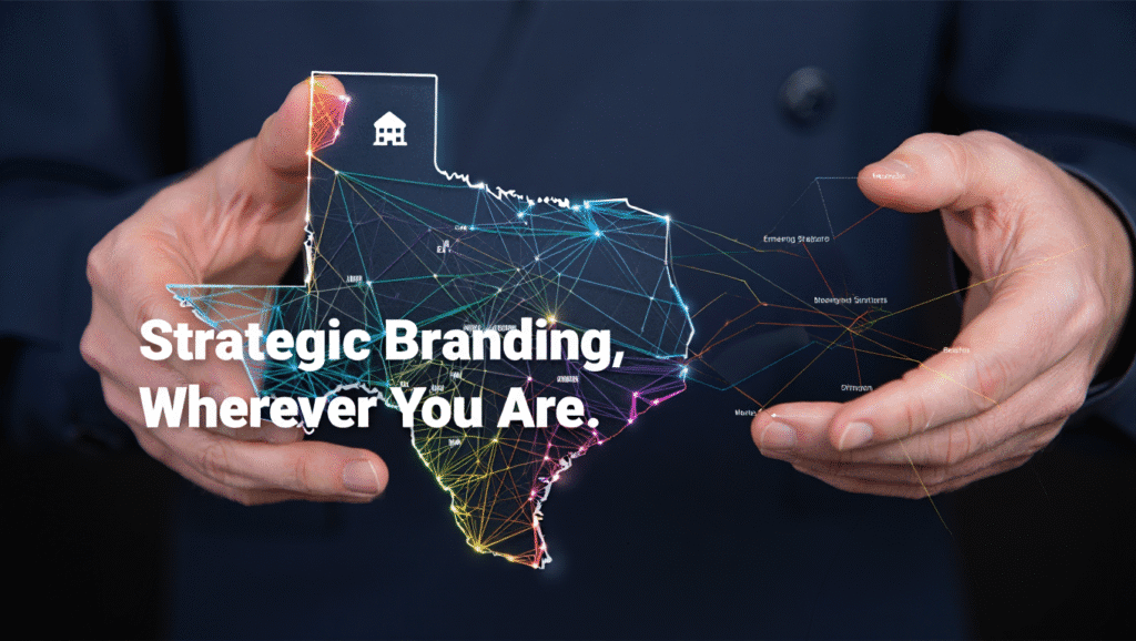 Hands protecting digital network map of United States with strategic branding text overlay showing nationwide service capability