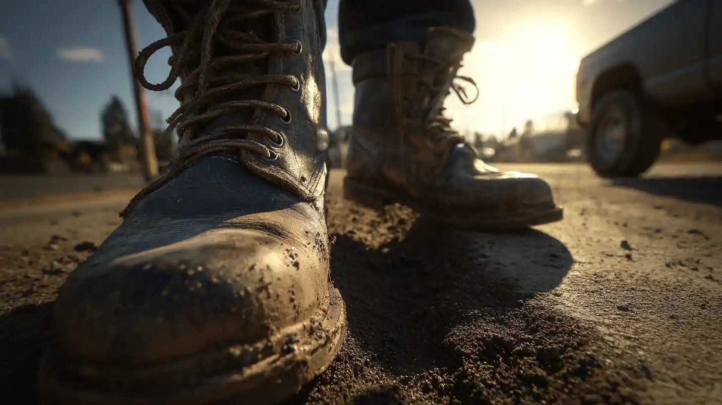 Worn contractor work boots on job site showing demanding field work reality