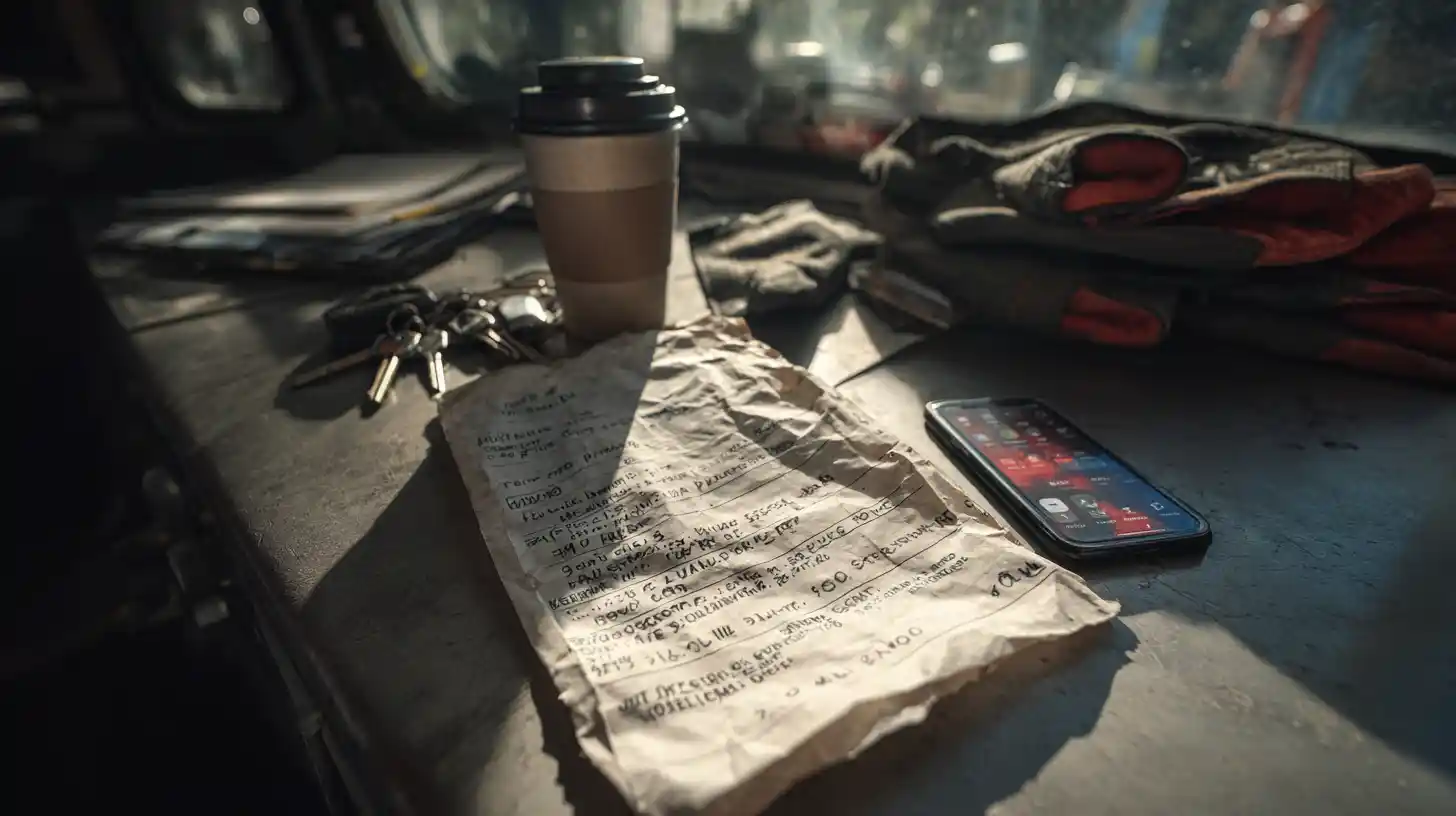Contractor paperwork and phone on truck dashboard showing disorganized business tracking