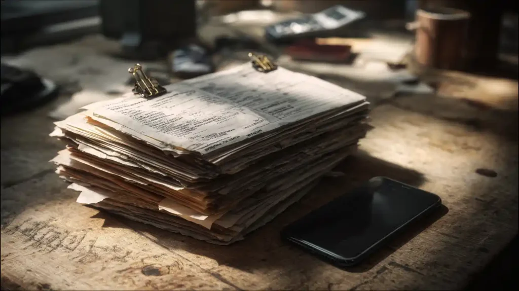 Stack of unpaid invoices showing Google Business Profile lead generation failures for Digital Meshworks client