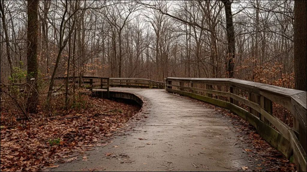 Wooden boardwalk walking trail through East Texas woods at Darden Harvest Park Lindale with fall leaves