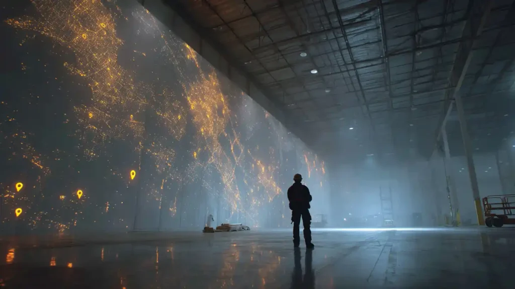 Contractor viewing illuminated city service area map with location pins showing Google Business Profile coverage zones for service business lead generation