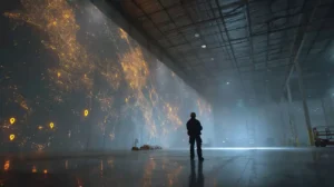 Contractor viewing illuminated city service area map with location pins showing Google Business Profile coverage zones for service business lead generation
