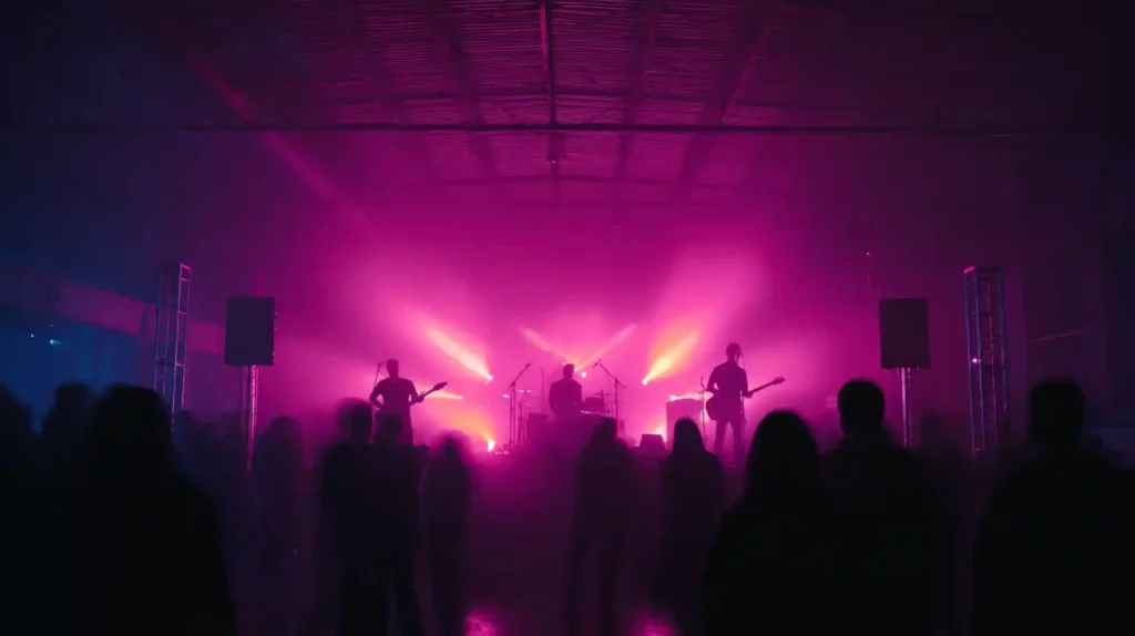Live music concert at Picker's Pavilion Cannery District Lindale Texas with purple stage lighting and crowd silhouettes