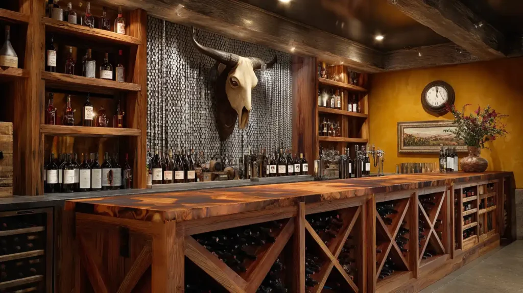 Rustic wine bar interior at The Pink Pistol Boutique Lindale with longhorn mount whiskey shelves and wood counters