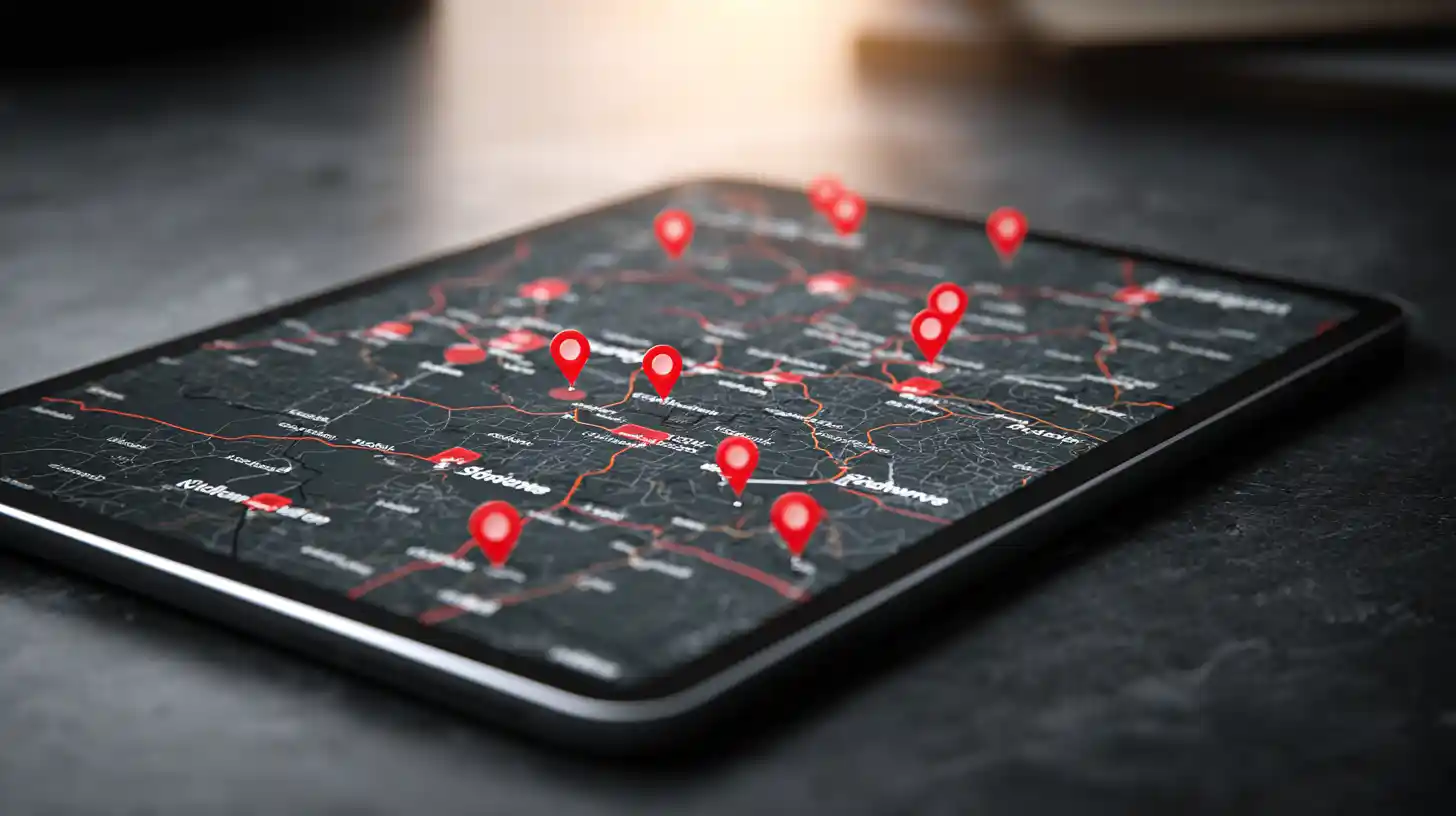 Tablet map with multiple red pins showing local search rankings and service areas in Texas