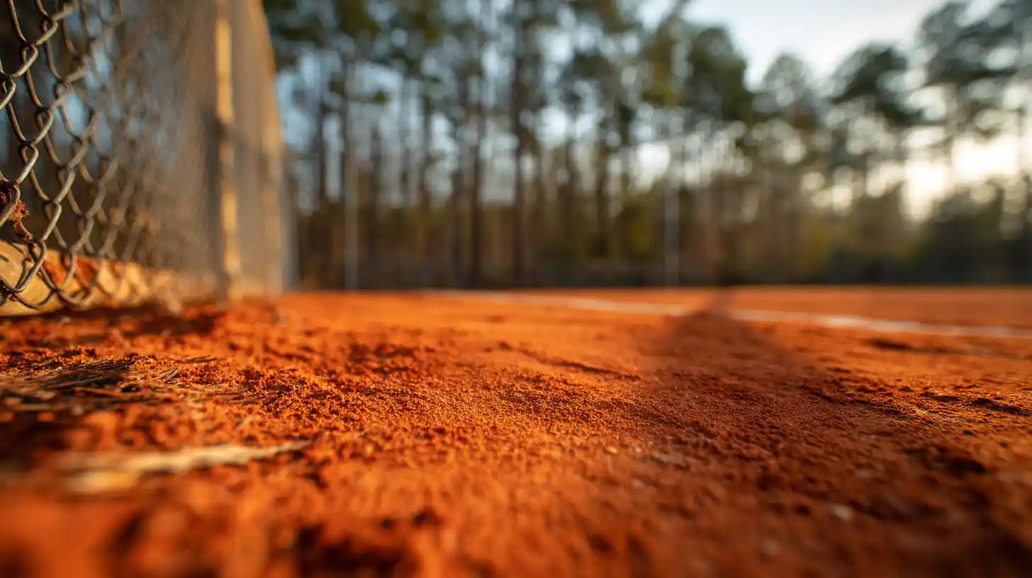 Red clay baseball infield with pine trees in East Texas where a $16,000 contractor lead originated