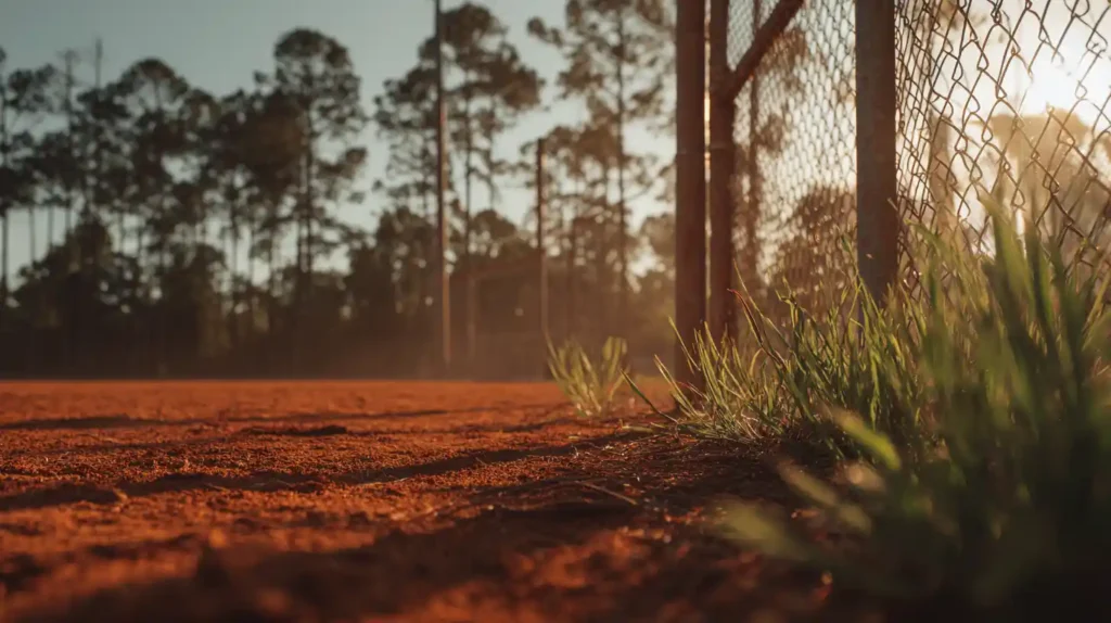 Weathered chain link backstop on red clay East Texas infield where a $16,000 contractor lead was generated through organic search