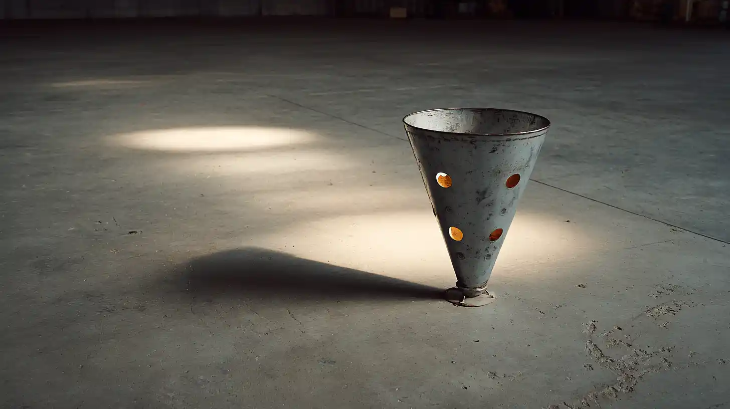 Metal funnel on concrete floor representing a contractor lead tracking system with visible gaps