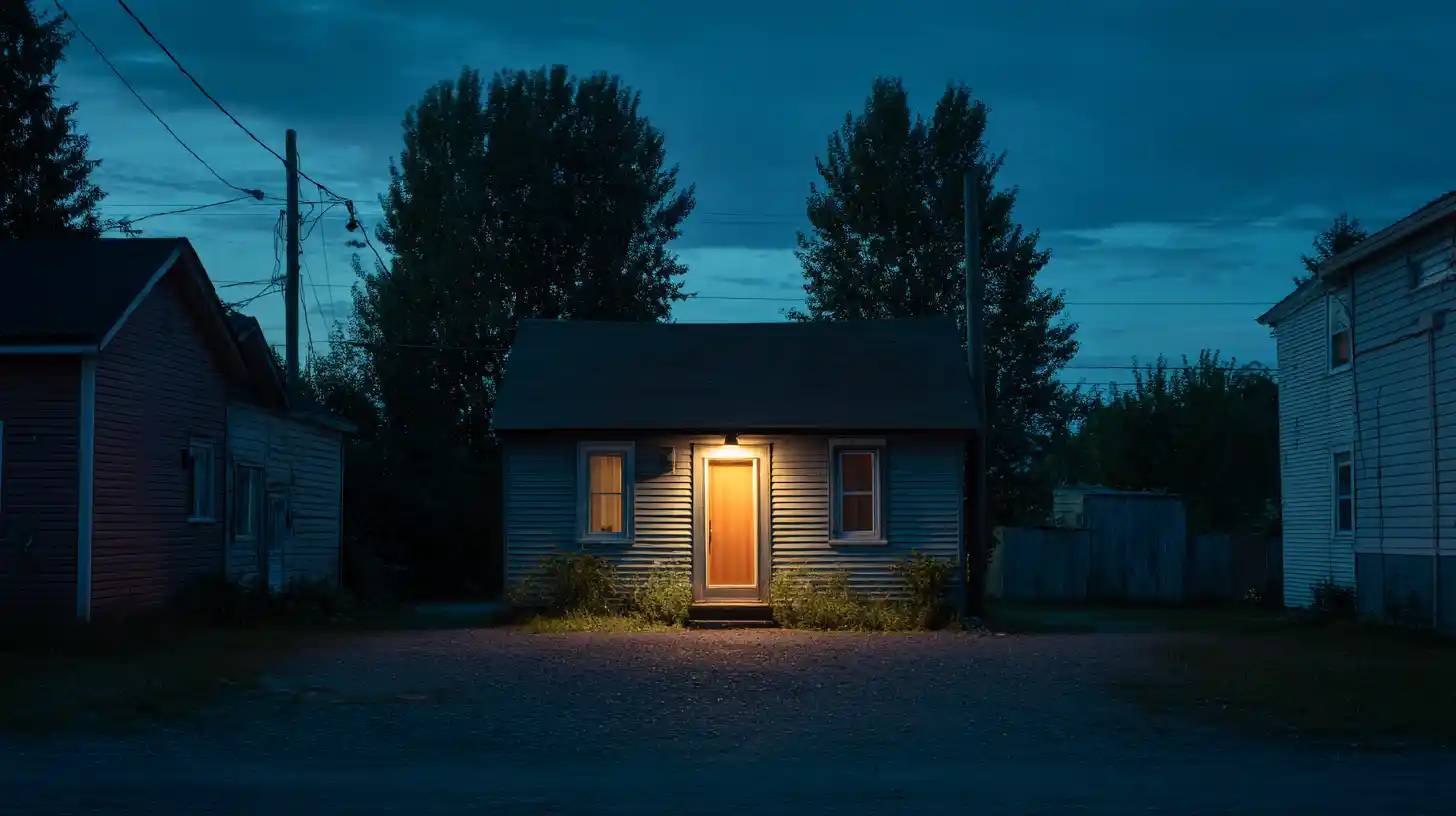 Single lit porch light on a rural house at dusk with dark neighboring homes representing local search visibility