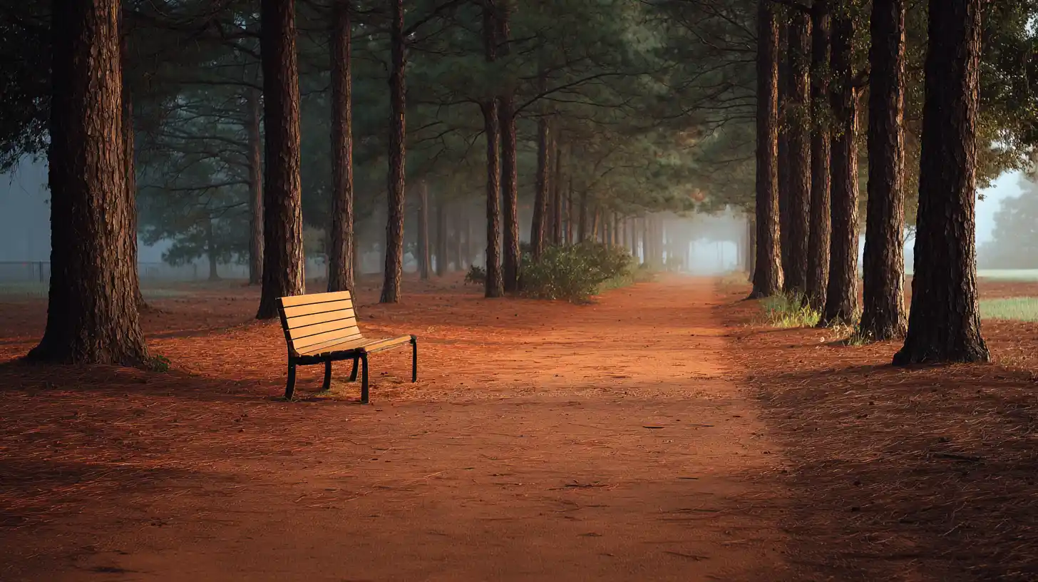 Empty wooden bench on a red clay path through East Texas pine trees representing an open partnership seat for contractors