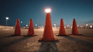 Five traffic cones on a parking lot with only the center cone lit representing exclusive versus shared contractor leads