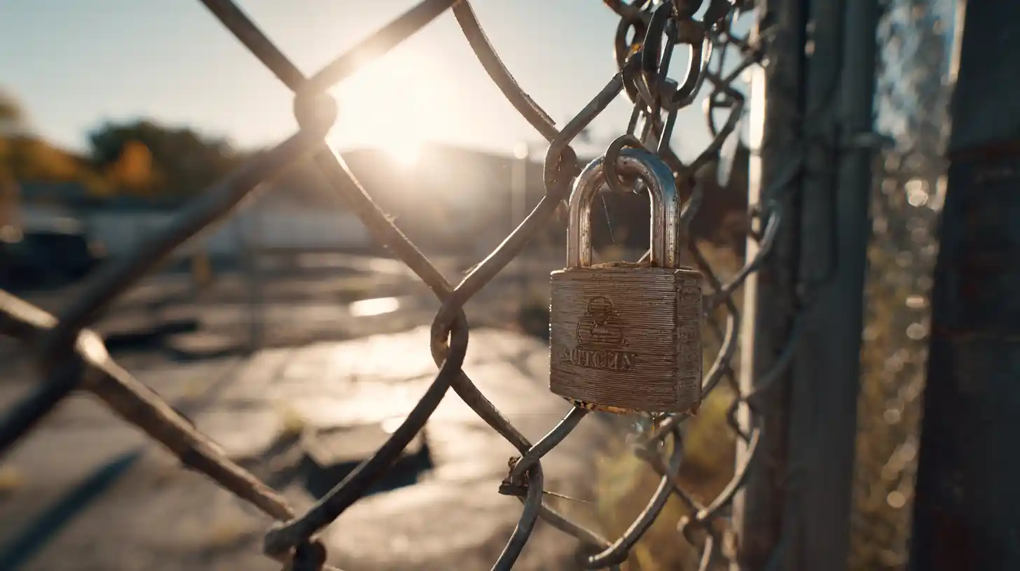 Steel padlock on a chain link gate with a sunlit work yard beyond representing exclusive contractor territory