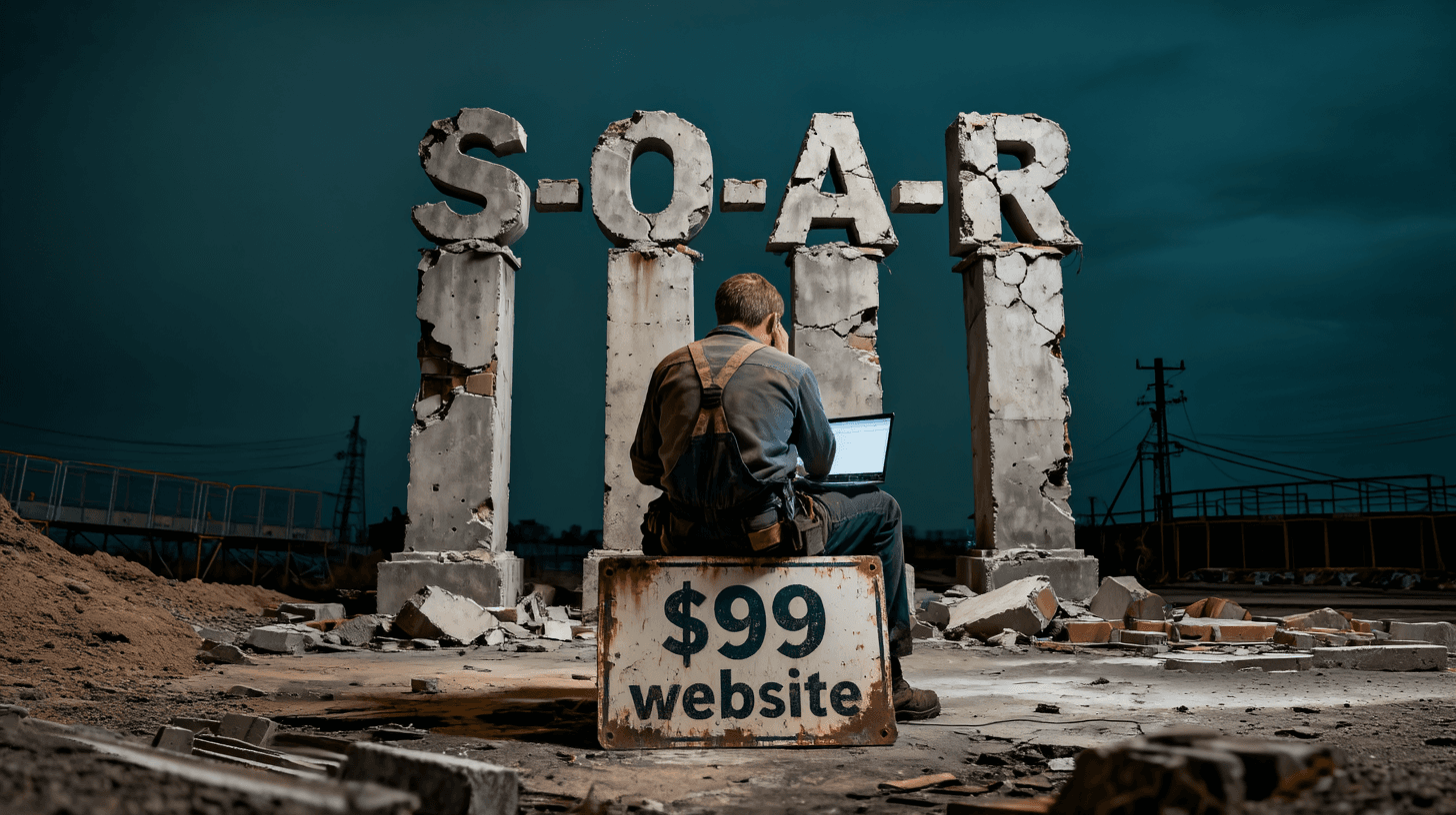 Contractor sitting among crumbling SOAR pillars with $99 website sign showing the cost of cheap marketing for service businesses