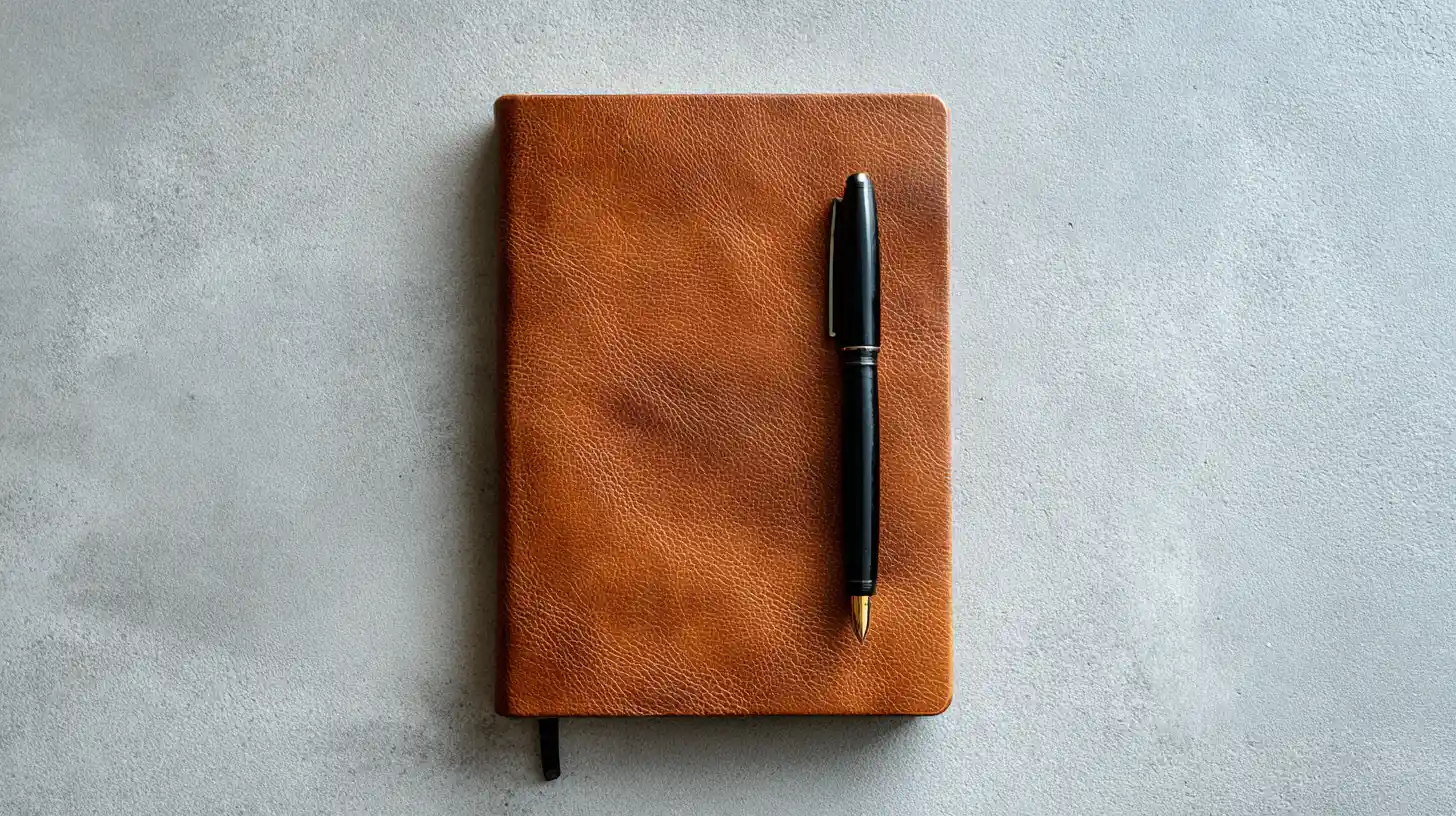 Closed leather notebook with fountain pen resting across the cover, representing a local SEO assessment captured in writing