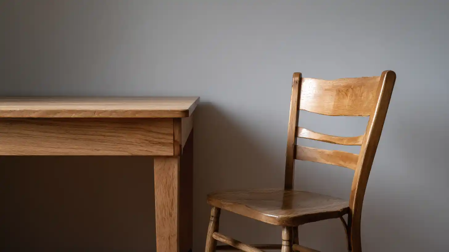 Empty wooden chair pulled out from a clean desk, representing the seat at the table for the right marketing partnership