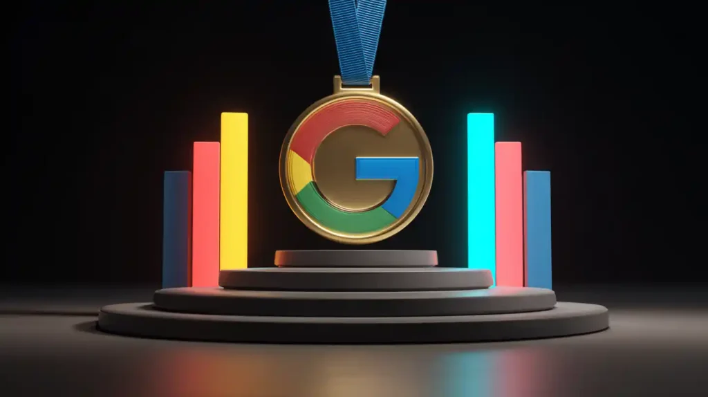 Stylized winners medal stand in Google colors representing the top three Google results for a local business search