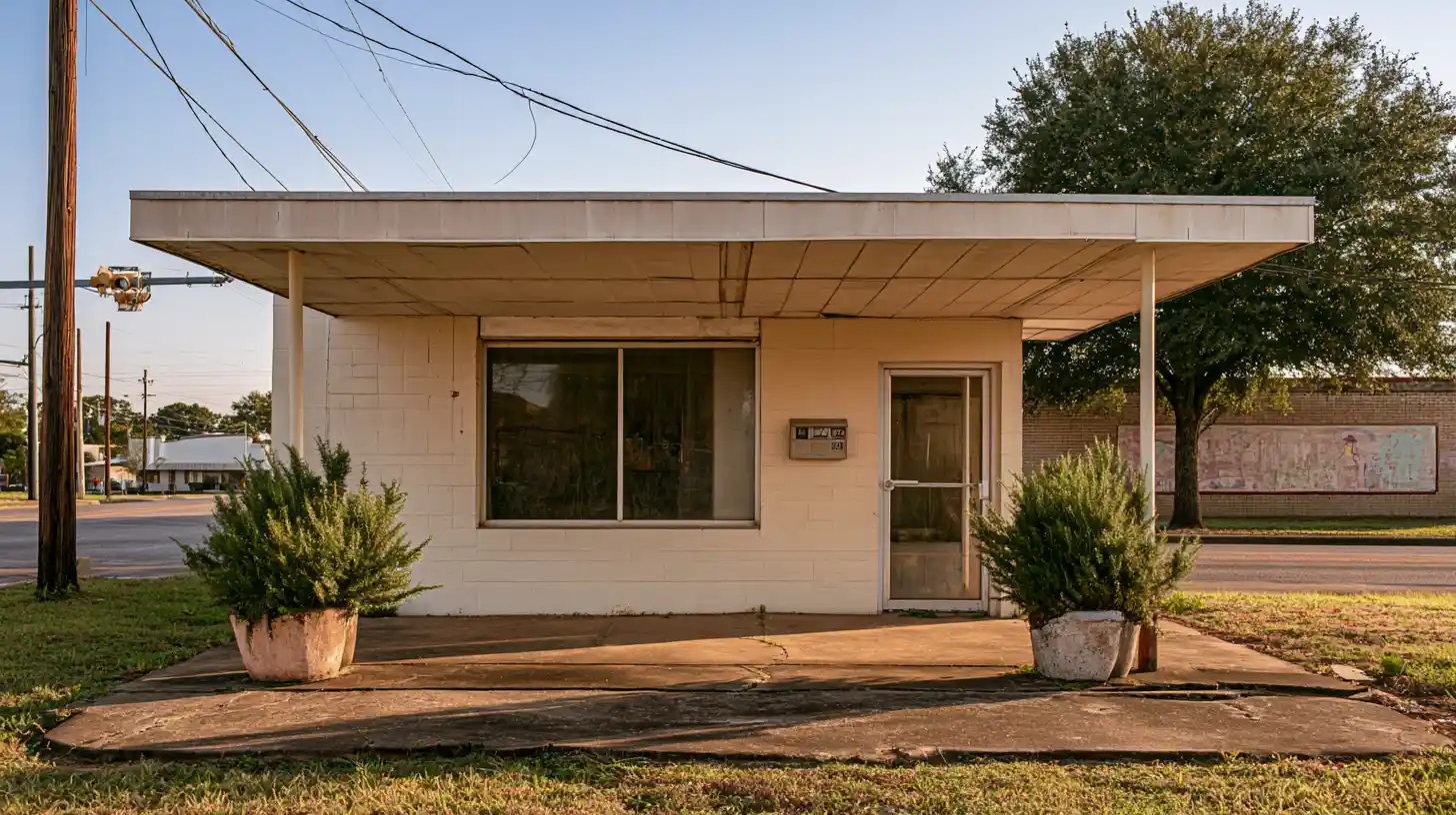 Converted former gas station now used as small commercial office space on a corner lot in a small East Texas town