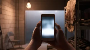 East Texas service business owner holding a smartphone and checking Google search results in a small workspace