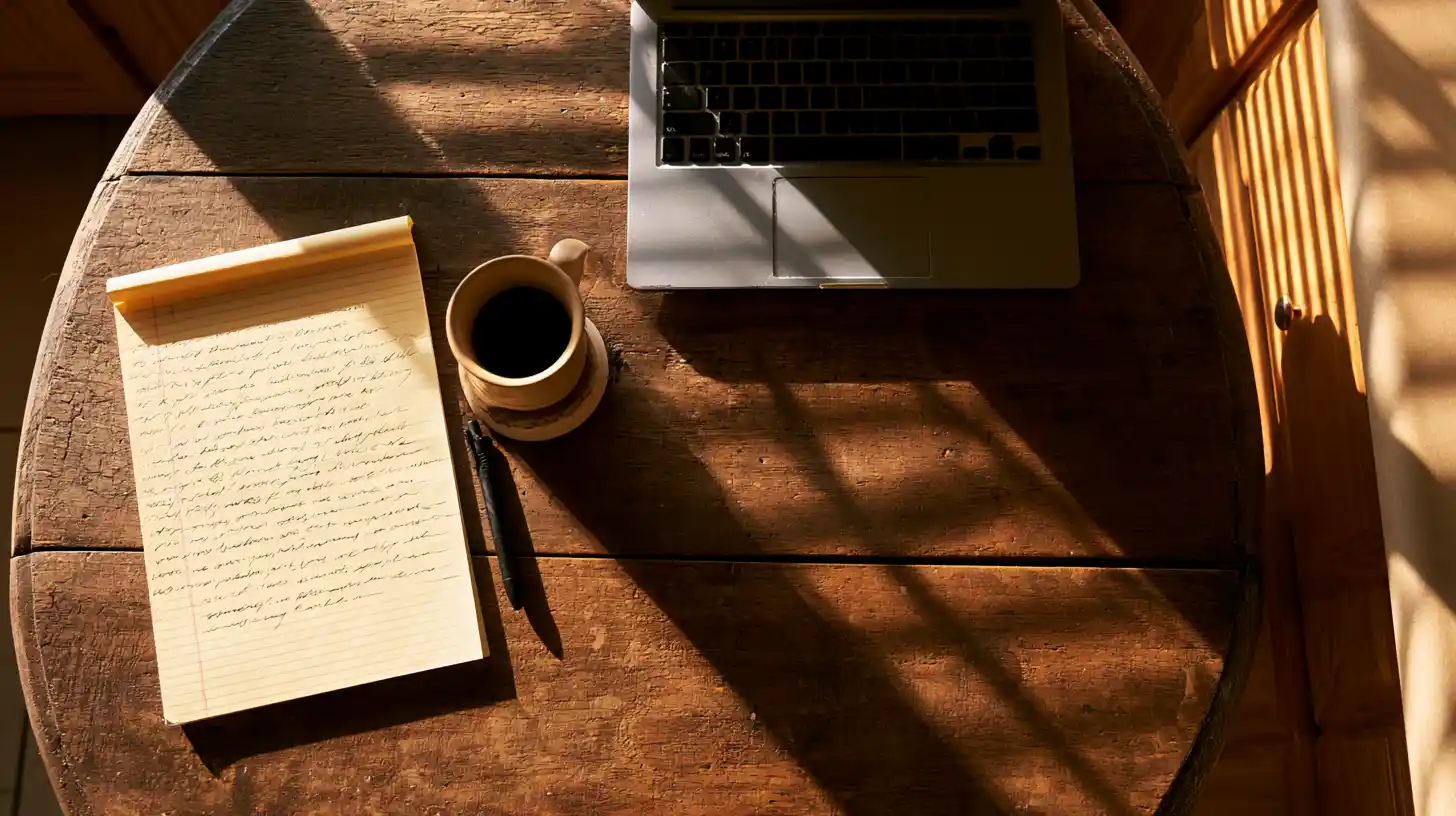 Overhead view of a local business owner planning a Google visibility strategy with a laptop, legal pad, and coffee on a wooden table