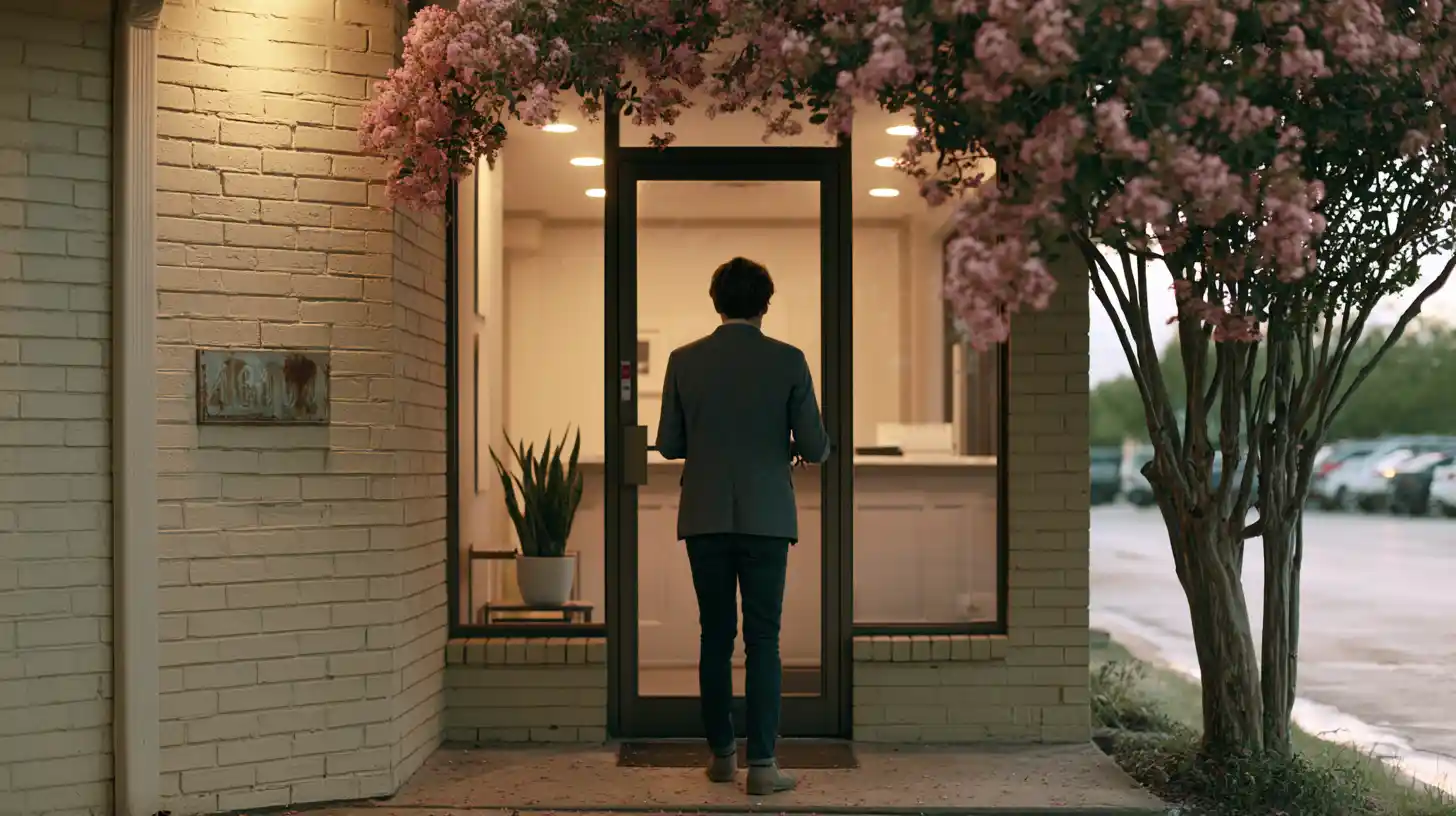 Service business owner walking into a small East Texas commercial suite with a crepe myrtle blooming near the entrance