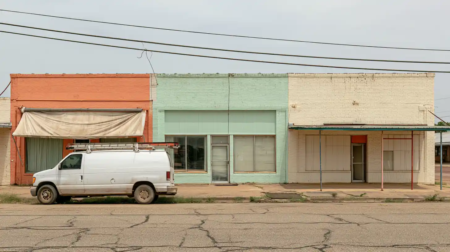 Small town East Texas commercial strip with painted brick storefronts and cracked asphalt road